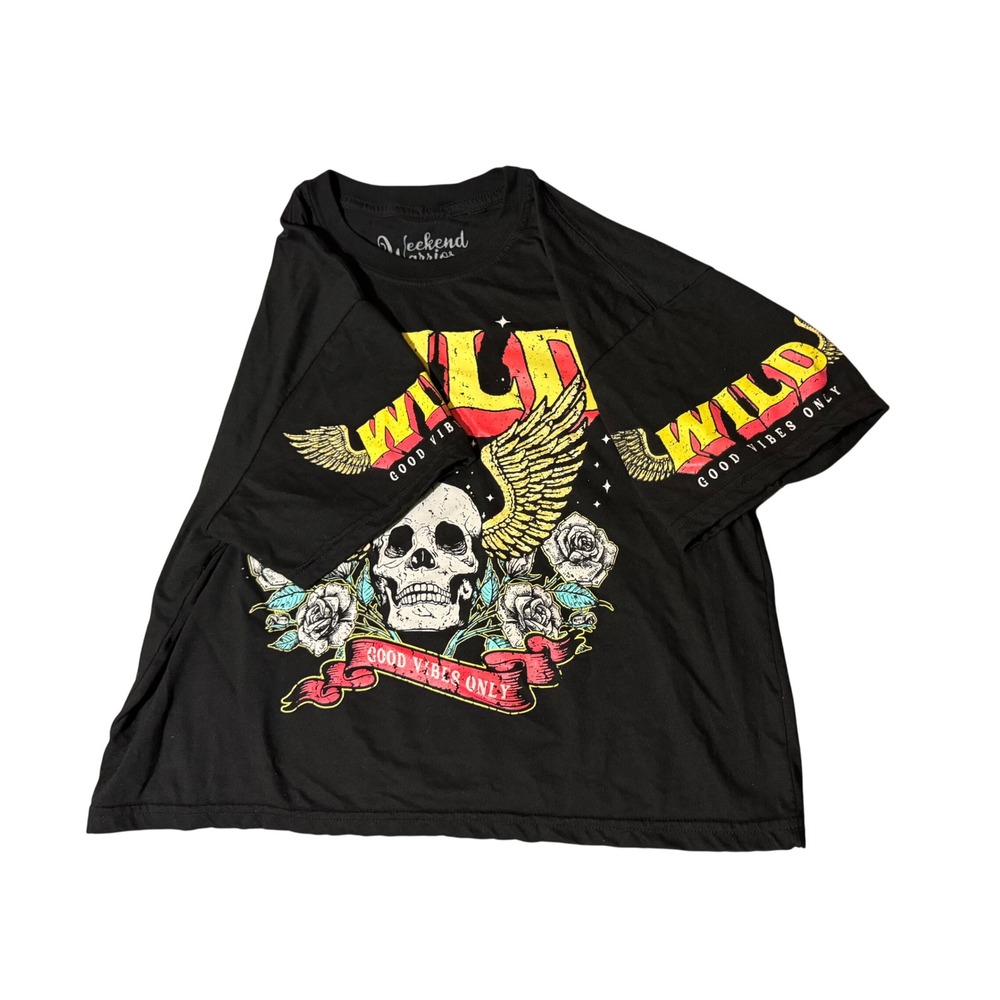Weekend Warriors Wild Skull Graphic Crop Top Black Medium Good Vibes Only Tee - Picture 3 of 6